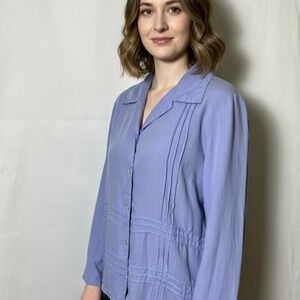 Vintage AKS Coastal Periwinkle Blue Pleated 100% Tencel Blouse Medium Soft
